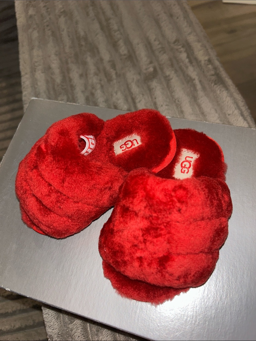 UGG Kids Bright Red Fluffy Slide Slippers